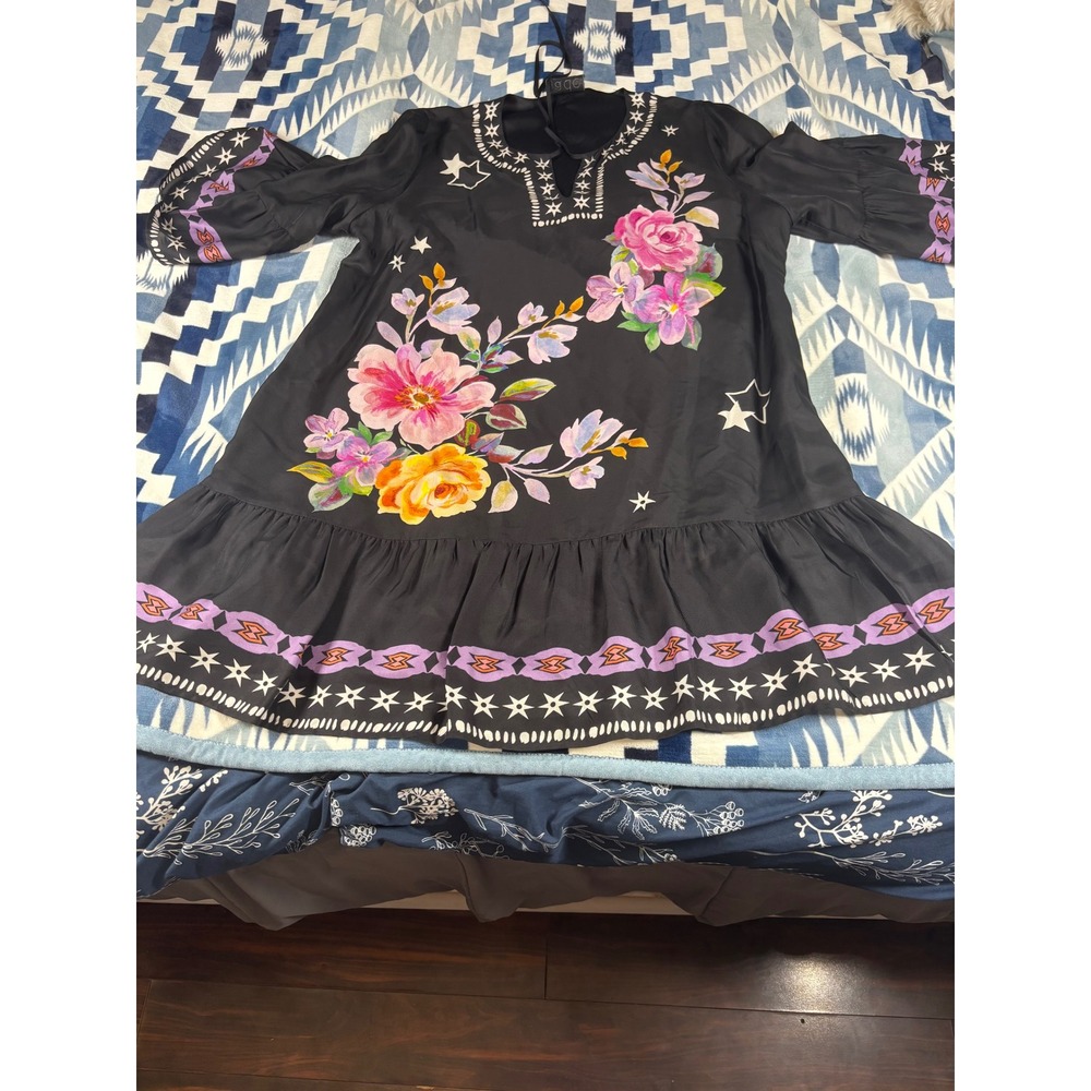 Johnny Was Jade Black Floral Star Embroidered Ruffle Tunic Dress XL